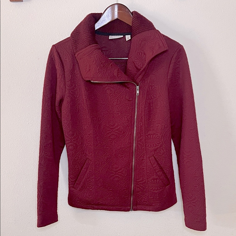 CB Established 1962 Zip Up Sweater Knit Floral Paisley Size Medium Maroon Fall